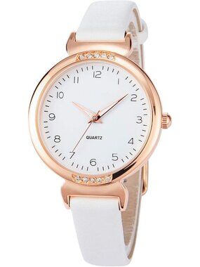 Women's White Analog Leather Strap Crystal Accented Silicone Sport Wrist Watch